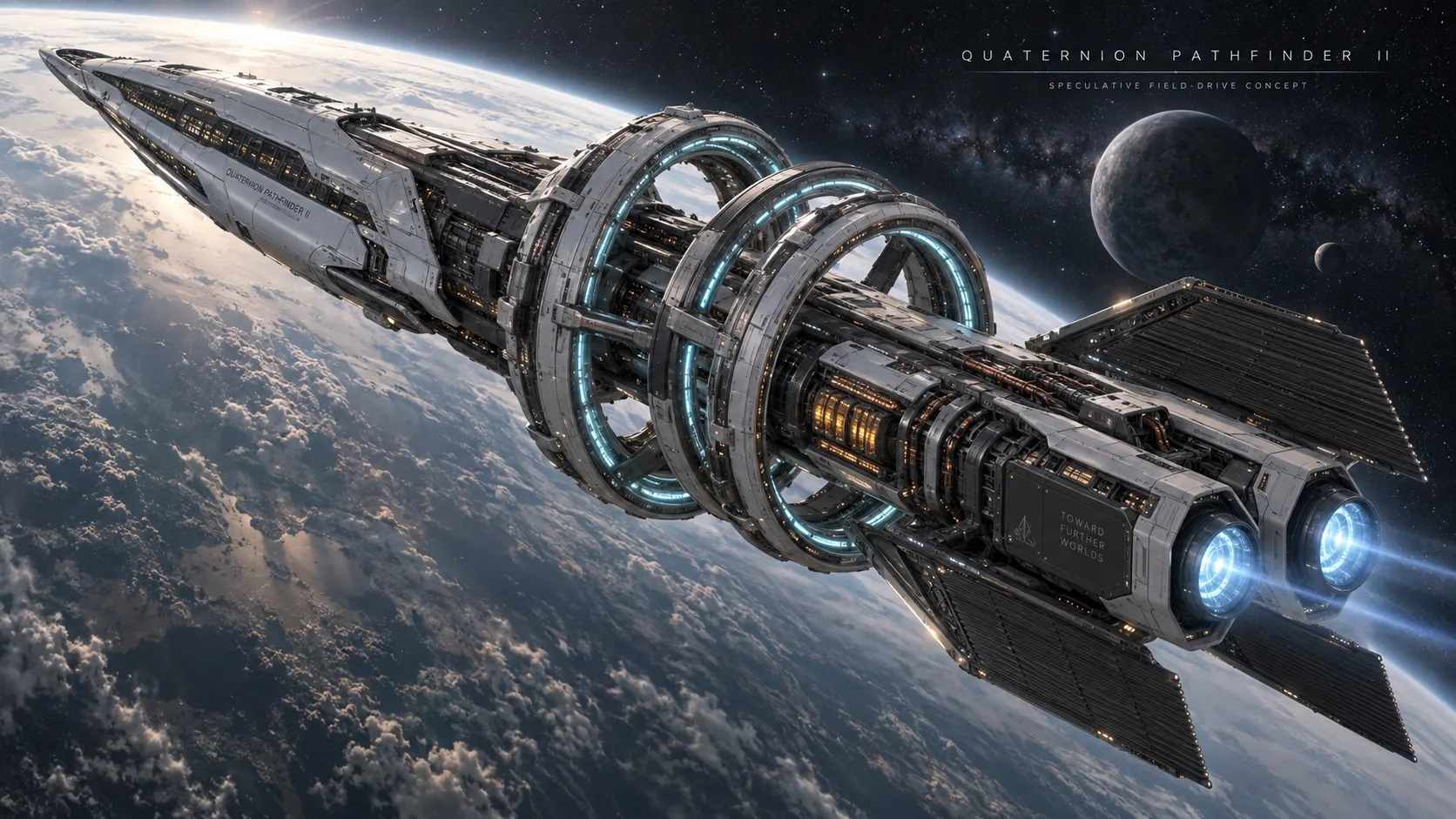 Cinematic concept of Pathfinder II: an elongated spacecraft with three illuminated rings, two aft emitters, and broad radiator panels above a planet